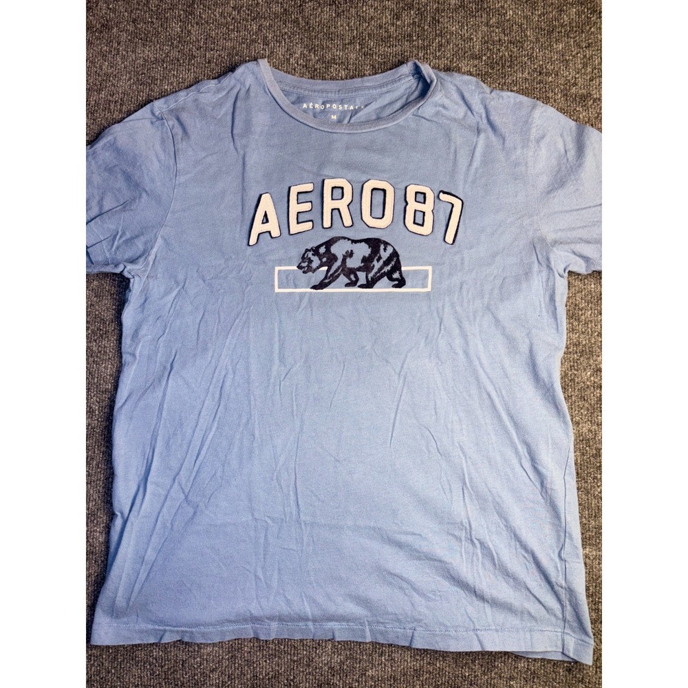 Aeropostale T-Shirt Men Medium Blue Graphic Bear Short Sleeve Crew Neck Pullover